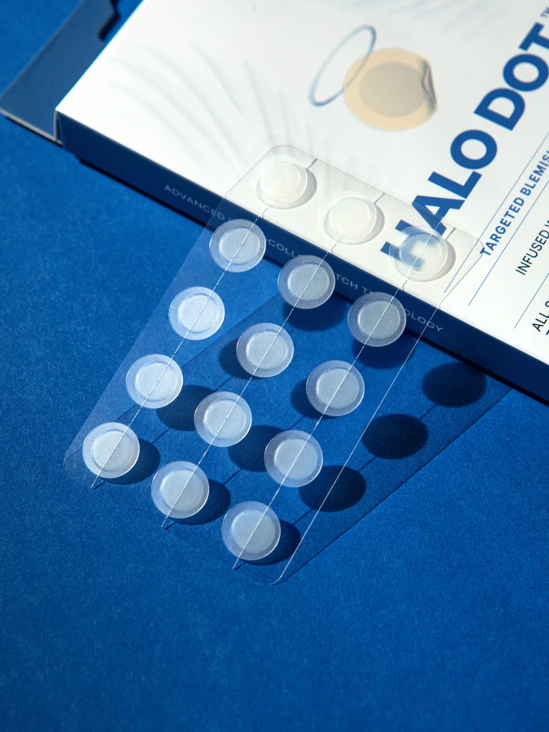 Halo Dot pimple patches on a blue background