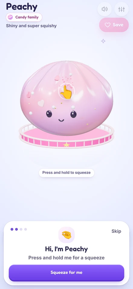 Jellyloom on iPhone: Peachy, a pink dumpling squishy, asks for a squeeze